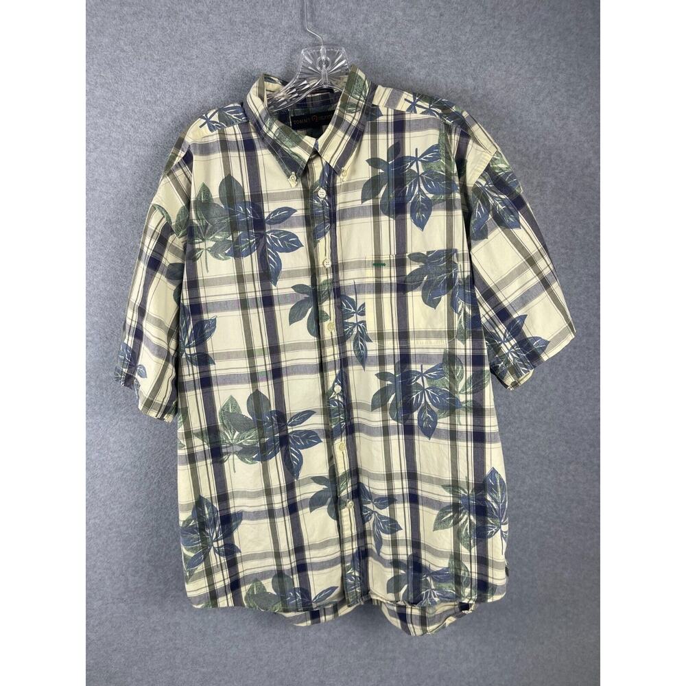 Tommy Hilfiger Golf Shirt Men's Size XL Flower Hawaiian Button Down Tan Blue